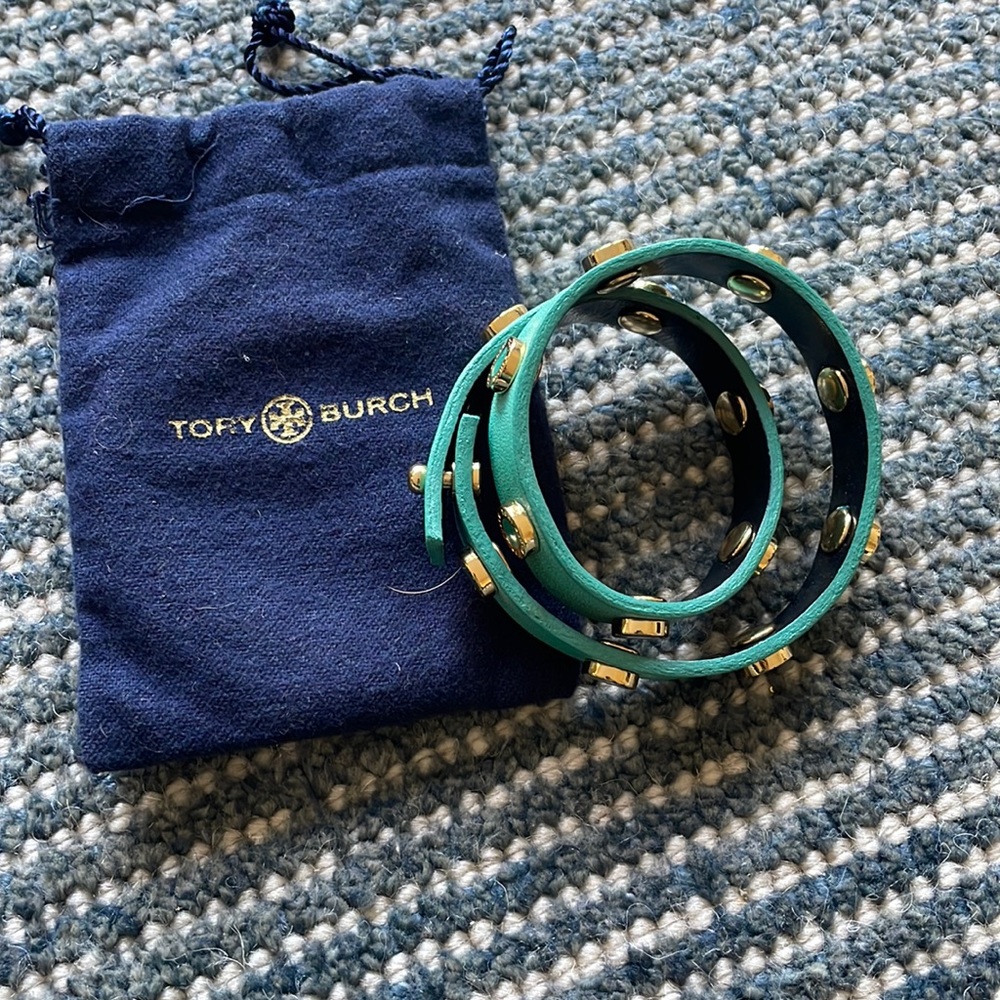 Tory Burch aqua leather and enamel wrap bracelet with gold